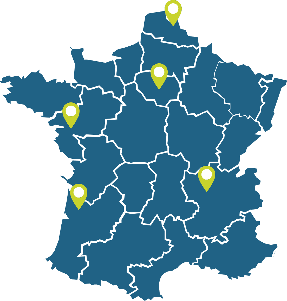 Carte de la France qui illustre les emplacements géographiques des projets d'investissement immobilier de la plateforme Baltis